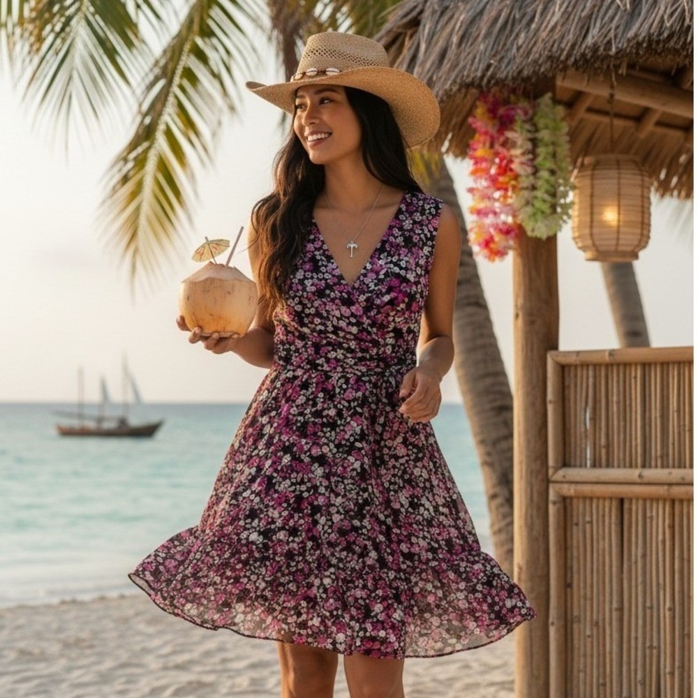 White House Black Market Pink Floral Tiered V Neck Cocktail Party Dress Size 6‎